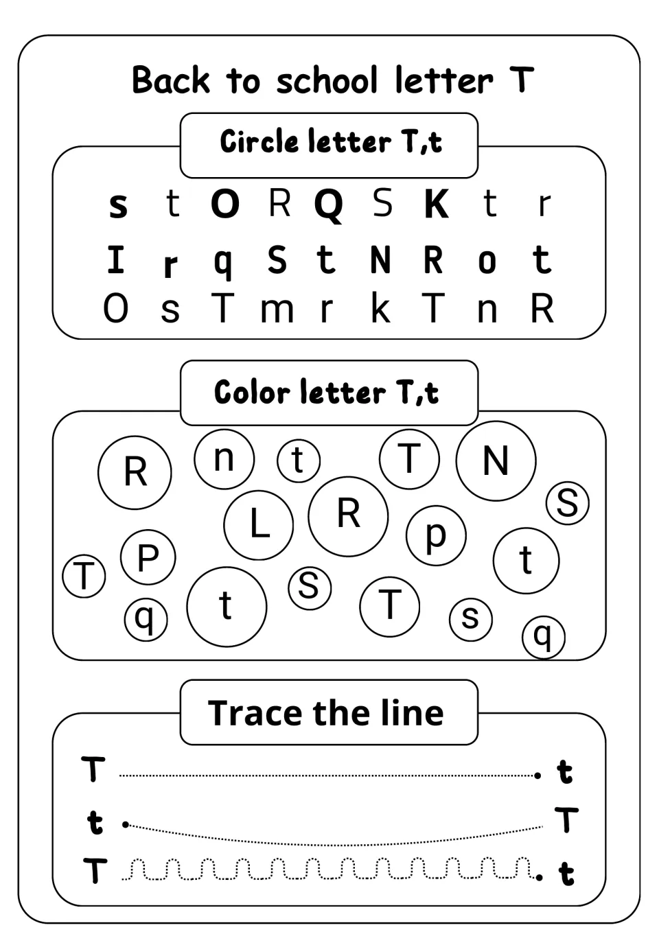 Letter T recognition: students circle T and t among mixed letters, color T and t bubbles, and trace 3 lines joining T and t