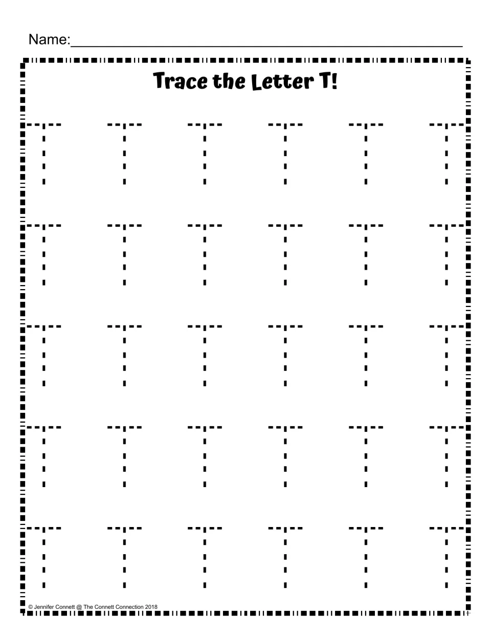Uppercase T tracing: under the heading Trace the Letter T!, students trace 30 dotted capital T letters in five rows