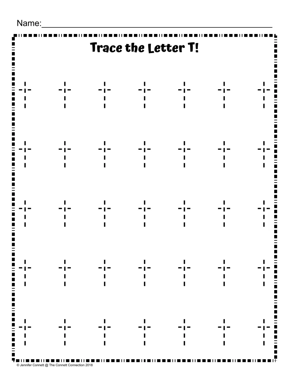 Lowercase t tracing: students trace 35 dotted lowercase t letters, seven per row, under the heading Trace the Letter T!
