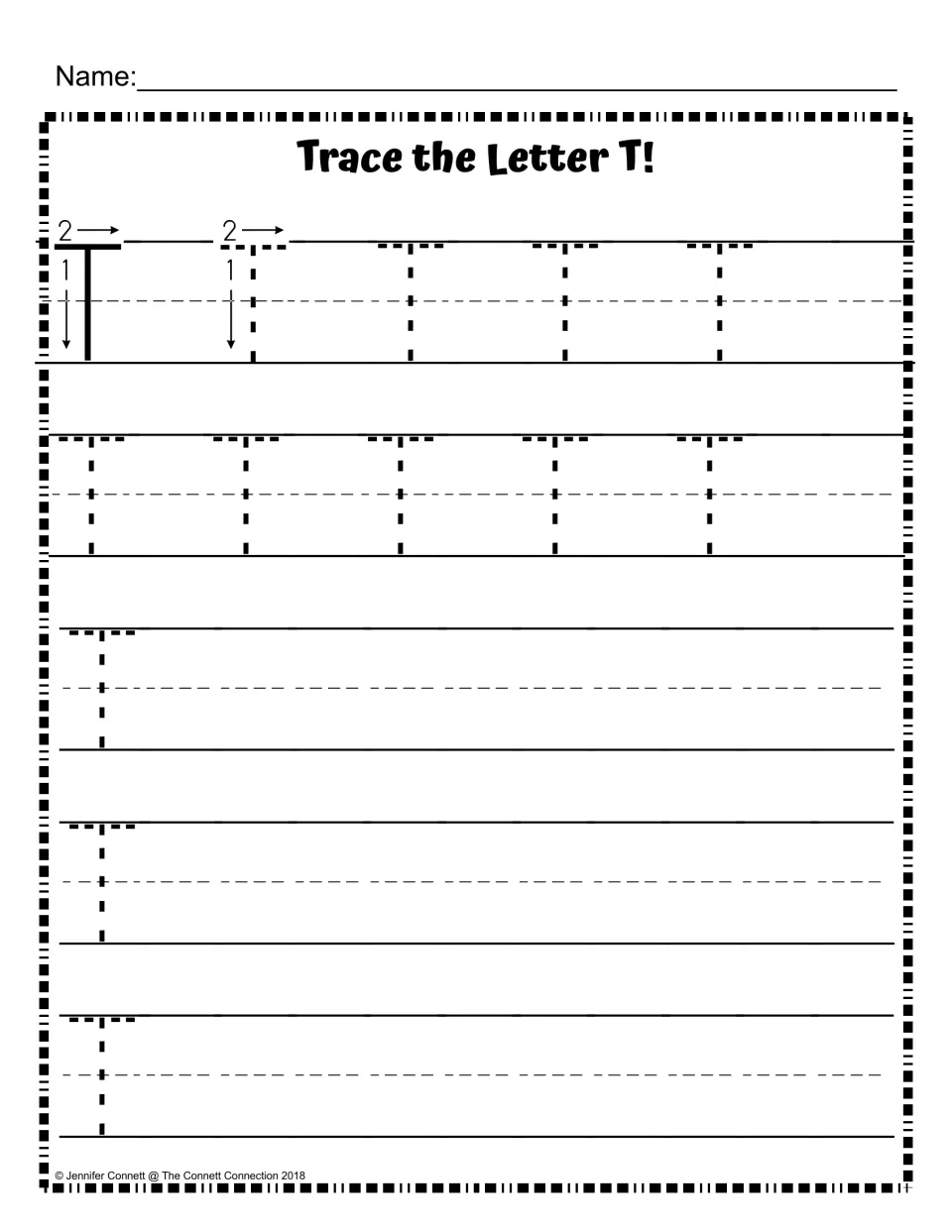 Capital T stroke order: arrows show line 1 down, line 2 across; students trace dotted T's, then write their own