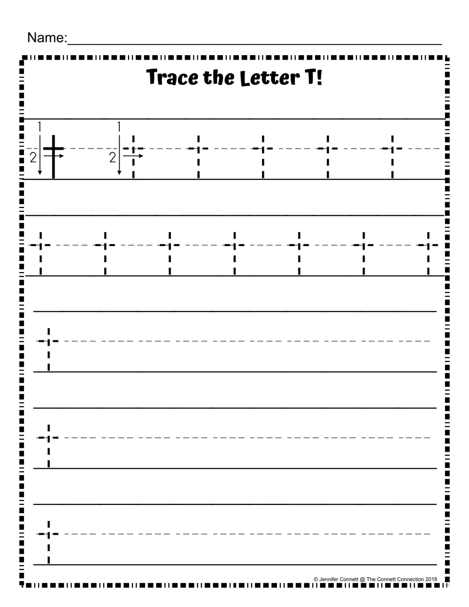 Lowercase t formation: numbered arrows model down, then across; students trace two rows and finish three more alone