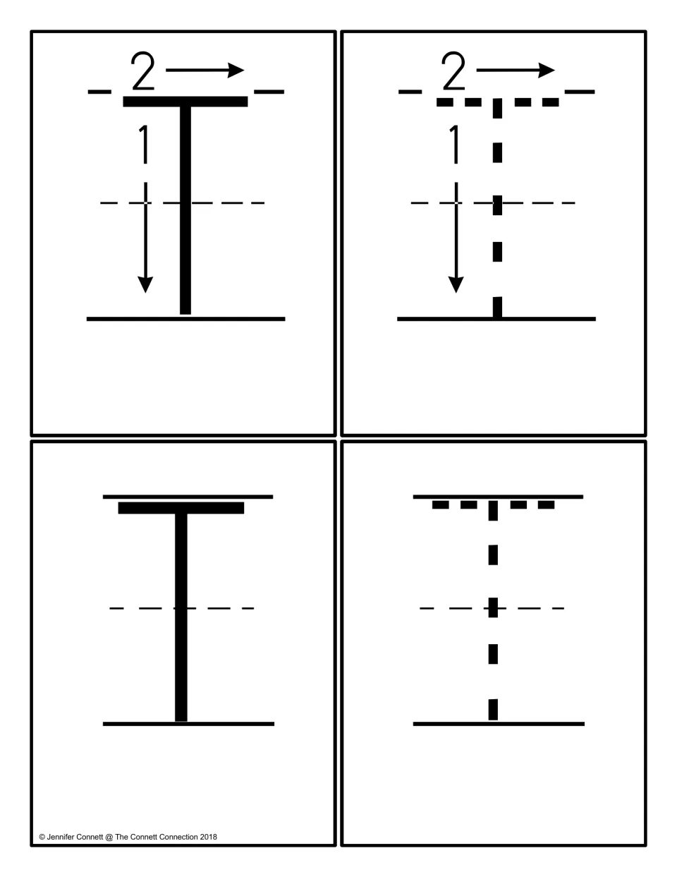 Four capital T cards: a solid and a dotted T with numbered stroke arrows, plus a solid and a dotted T without arrows