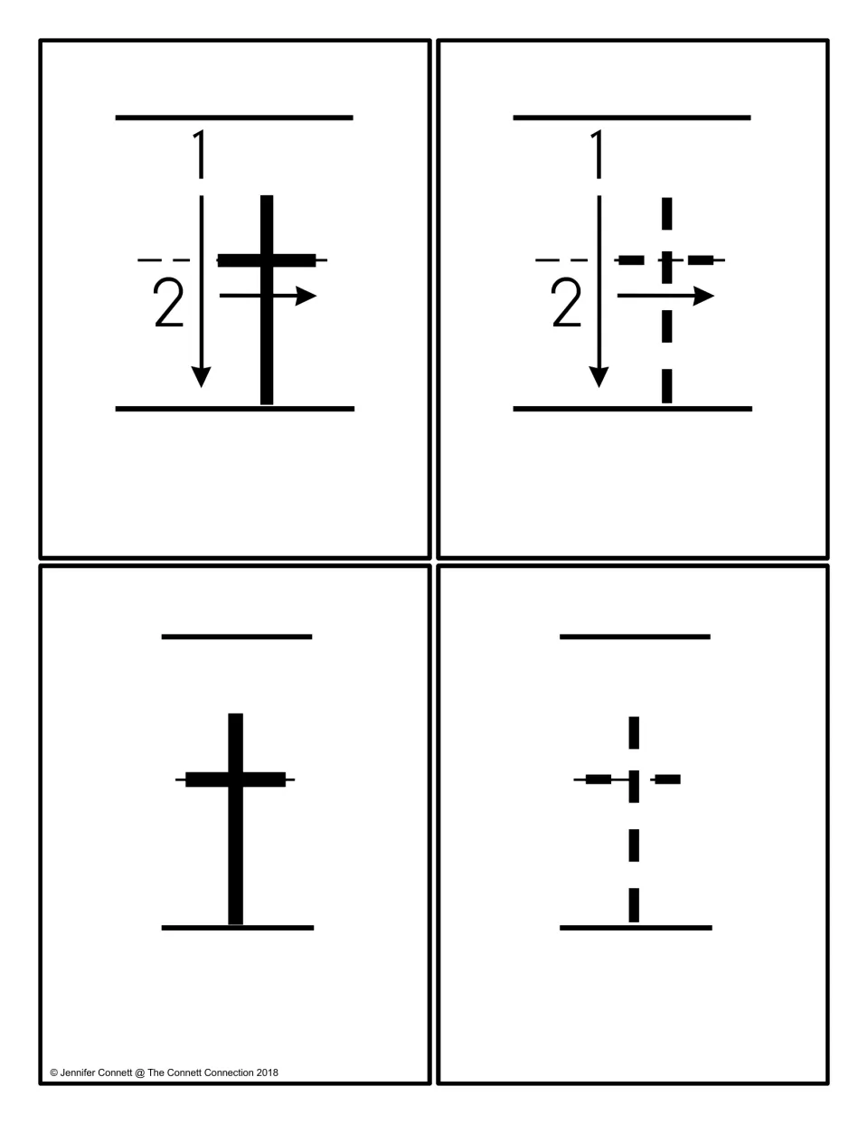 Four lowercase t cards: solid and dotted t with arrows for stroke 1 down and 2 across, then plain solid and dotted t