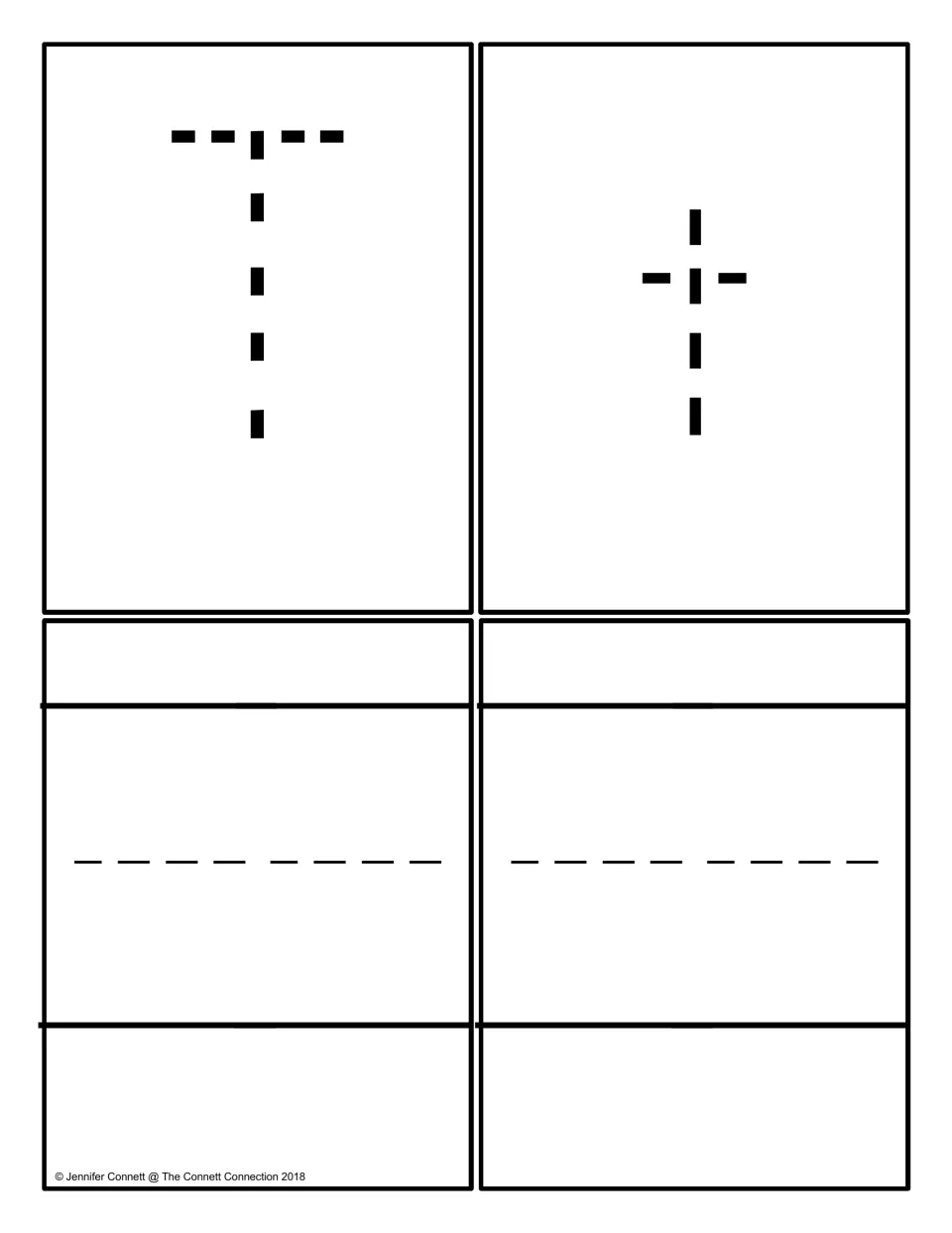 Letter T cards: a dotted capital T and a dotted lowercase t to trace, plus two blank cards for writing T or t freehand