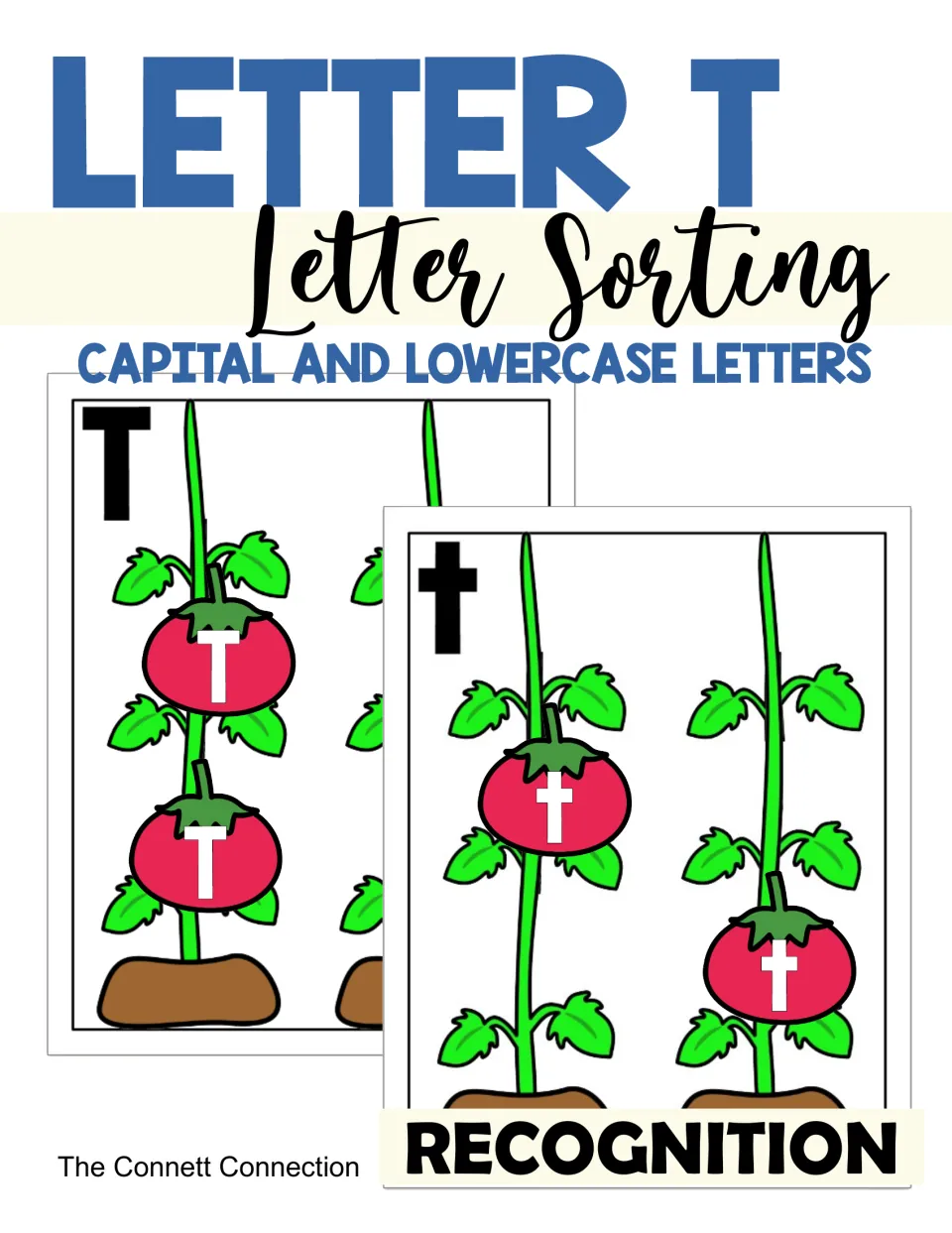 Letter T sorting cover: capital and lowercase letter recognition, tomatoes marked T and t on two tomato plant sorting mats