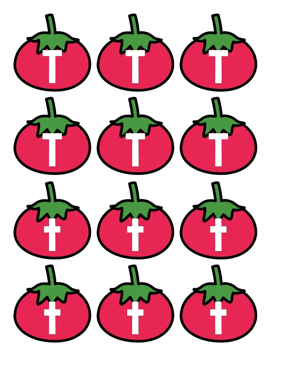 Tomato cards to cut out: six tomatoes show capital T and six show lowercase t for students to sort onto the correct mat