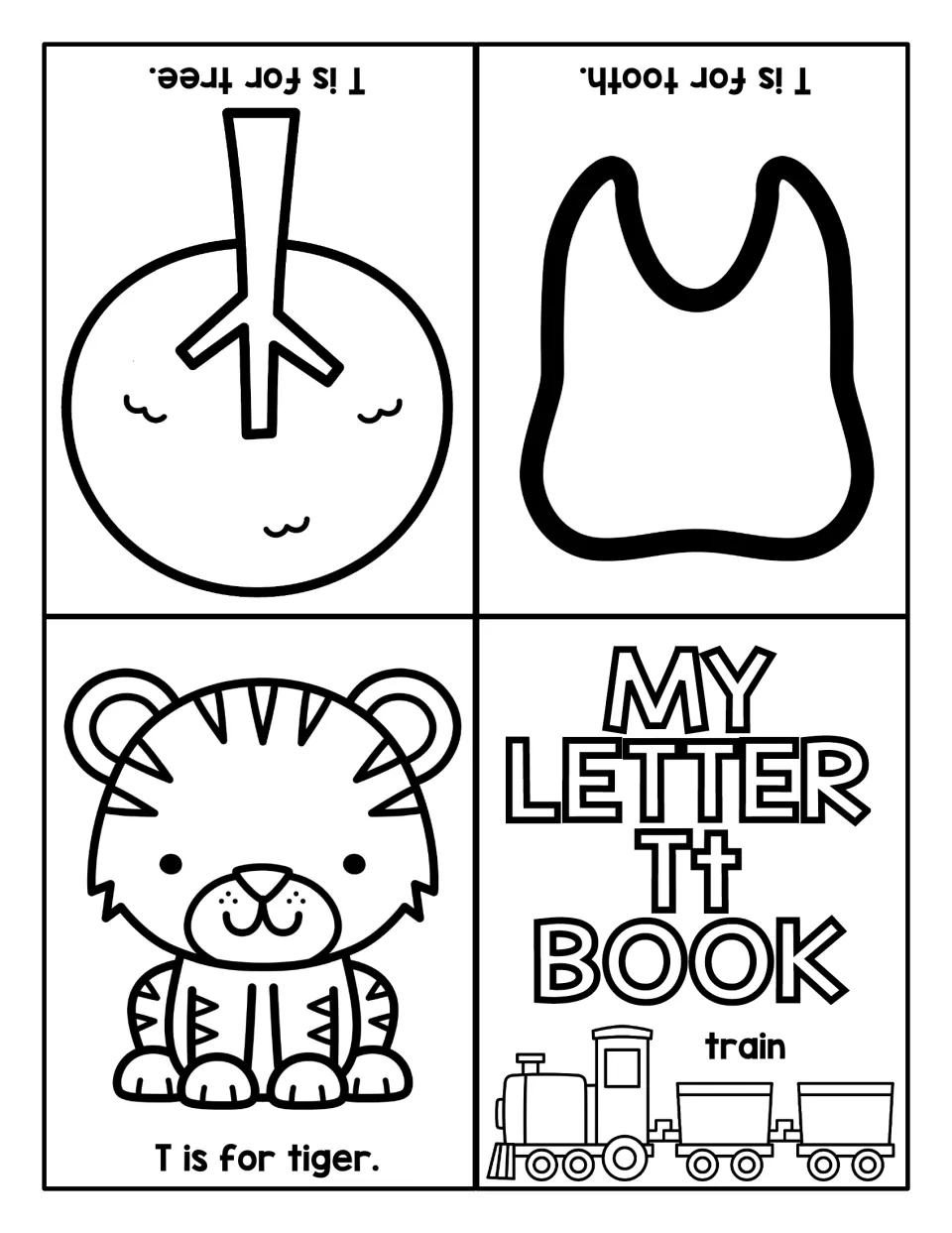 Letter Tt mini book: students color a train cover, then a tiger, tooth and tree, each labeled "T is for..."
