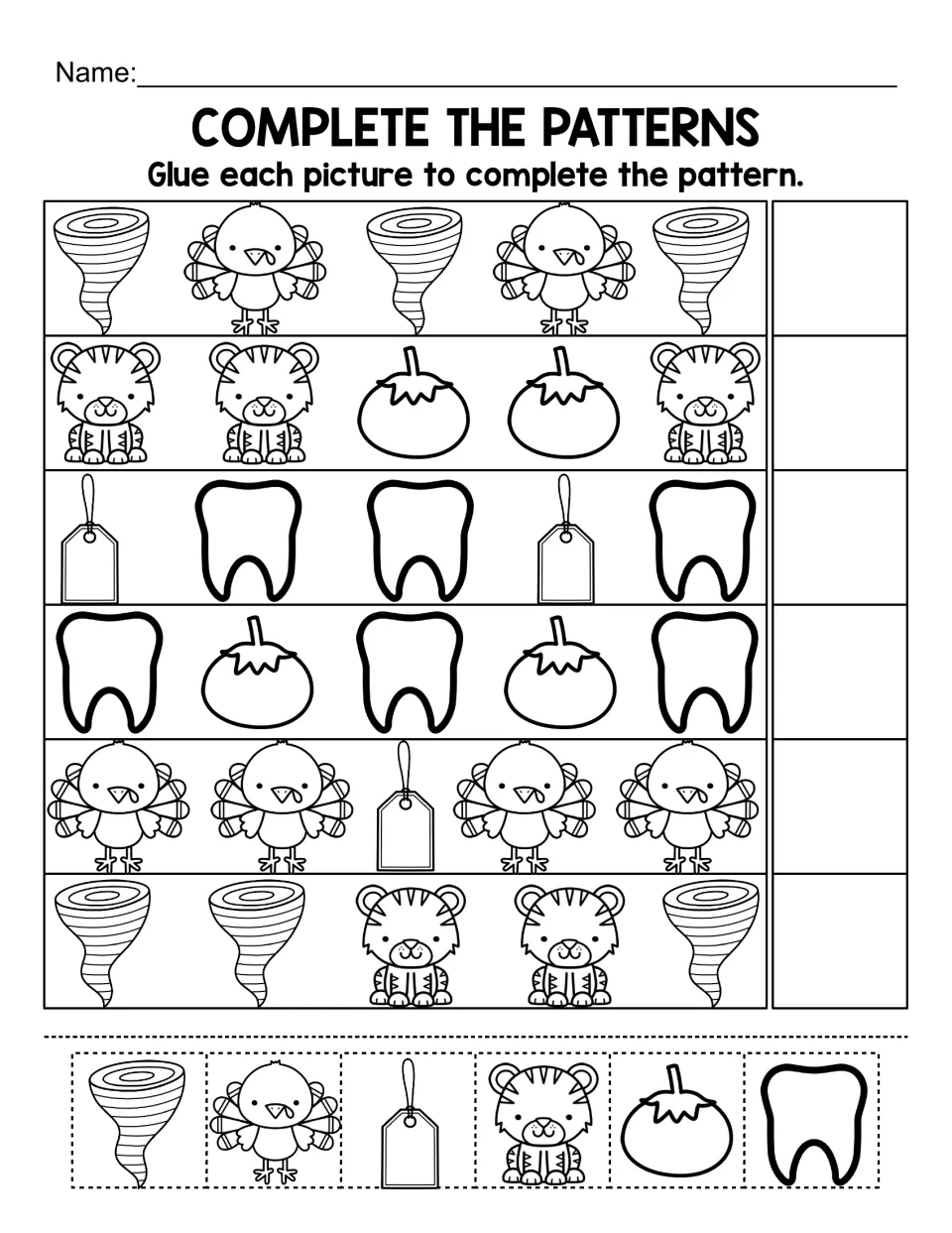 Complete the patterns: students glue cut-out tornado, turkey, tag, tiger, tomato and tooth pictures to finish 6 rows