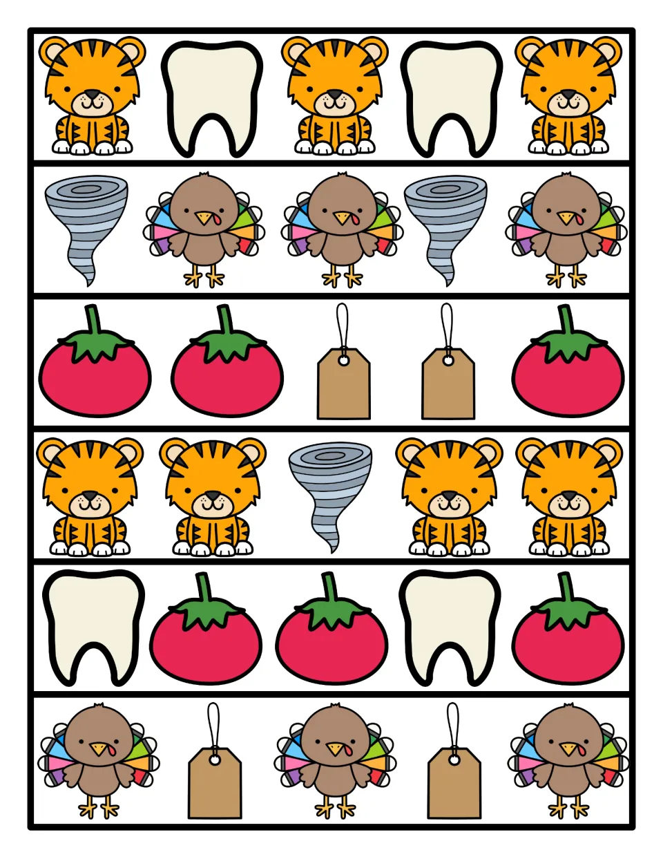 Color pattern strips: six rows of five T pictures such as tiger, tooth, tiger, tooth and tomato, tomato, tag, tag