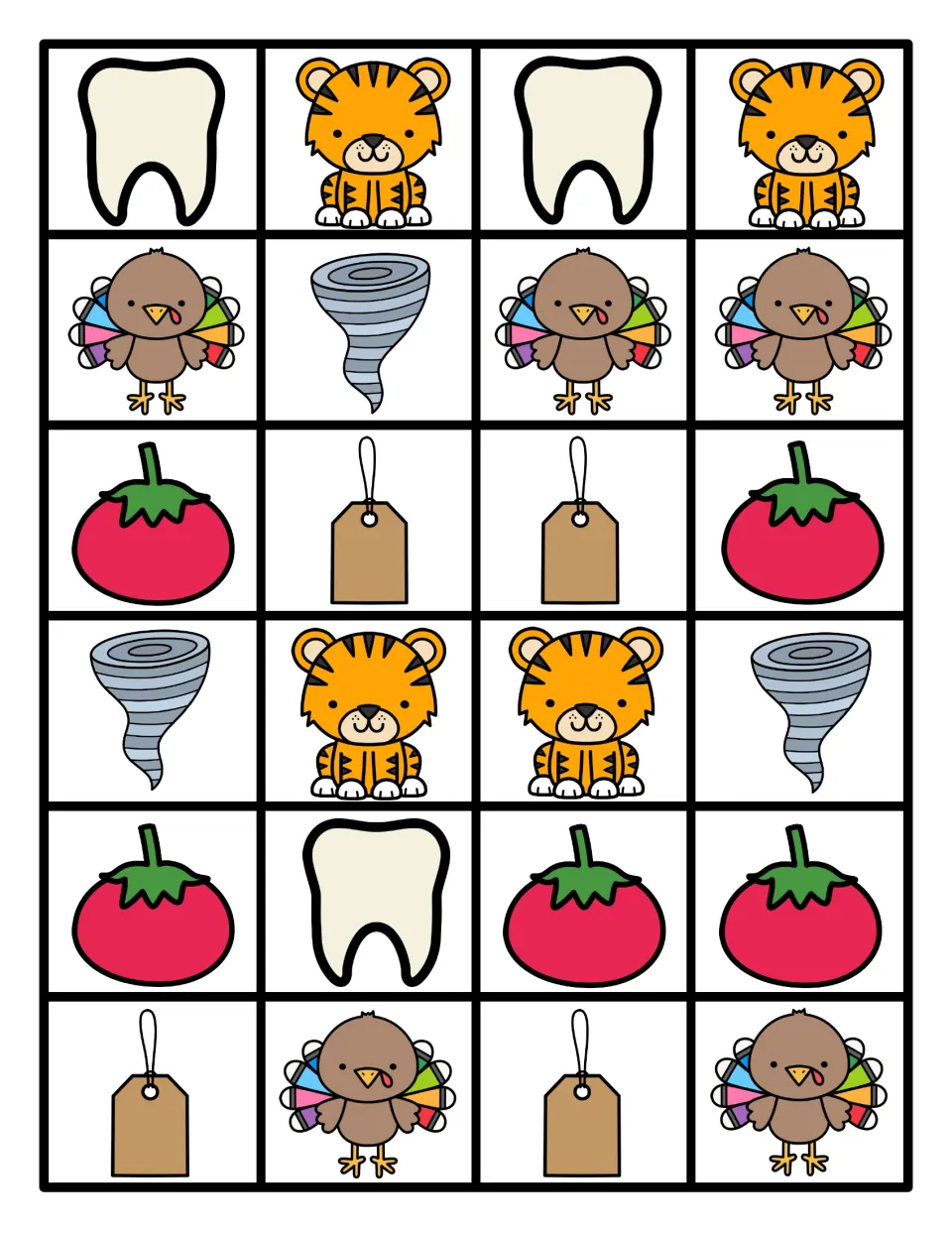 Pattern picture cards: 24 color pictures of a tooth, tiger, turkey, tornado, tomato and tag, arranged four per row
