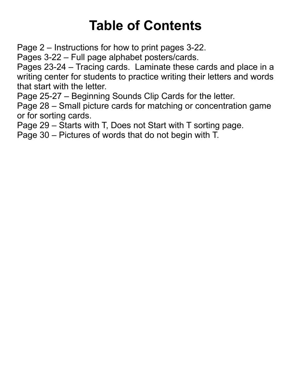 Table of contents for the letter T resource, listing poster, tracing, clip card, and sorting activity pages