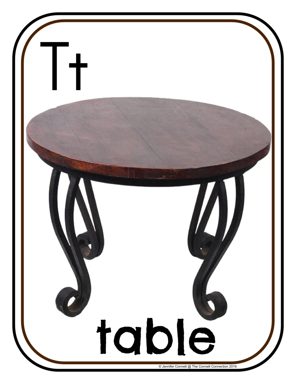 Letter T beginning sounds poster 1 of 20: uppercase T, lowercase t, and a photograph labeled "table"