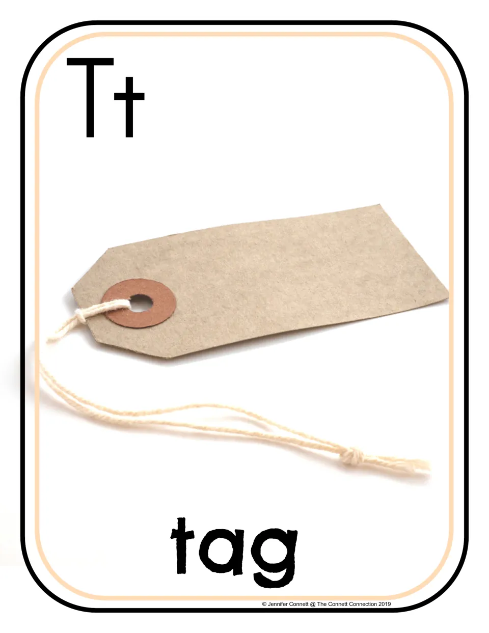 Letter T beginning sounds poster 2 of 20: uppercase T, lowercase t, and a photograph labeled "tag"