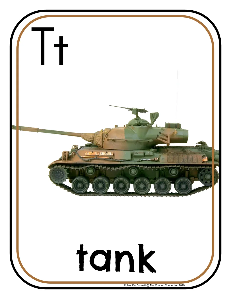 Letter T beginning sounds poster 3 of 20: uppercase T, lowercase t, and a photograph labeled "tank"