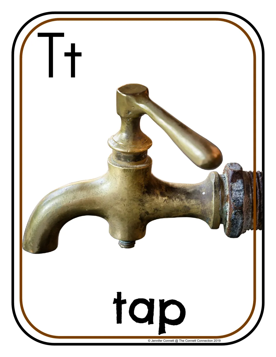 Letter T beginning sounds poster 4 of 20: uppercase T, lowercase t, and a photograph labeled "tap"