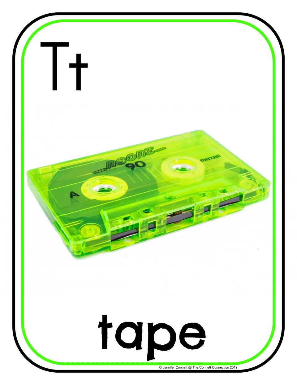 Letter T beginning sounds poster 5 of 20: uppercase T, lowercase t, and a photograph labeled "tape"