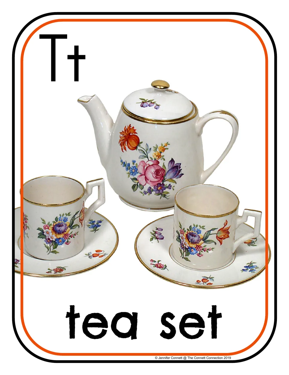 Letter T beginning sounds poster 6 of 20: uppercase T, lowercase t, and a photograph labeled "tea set"