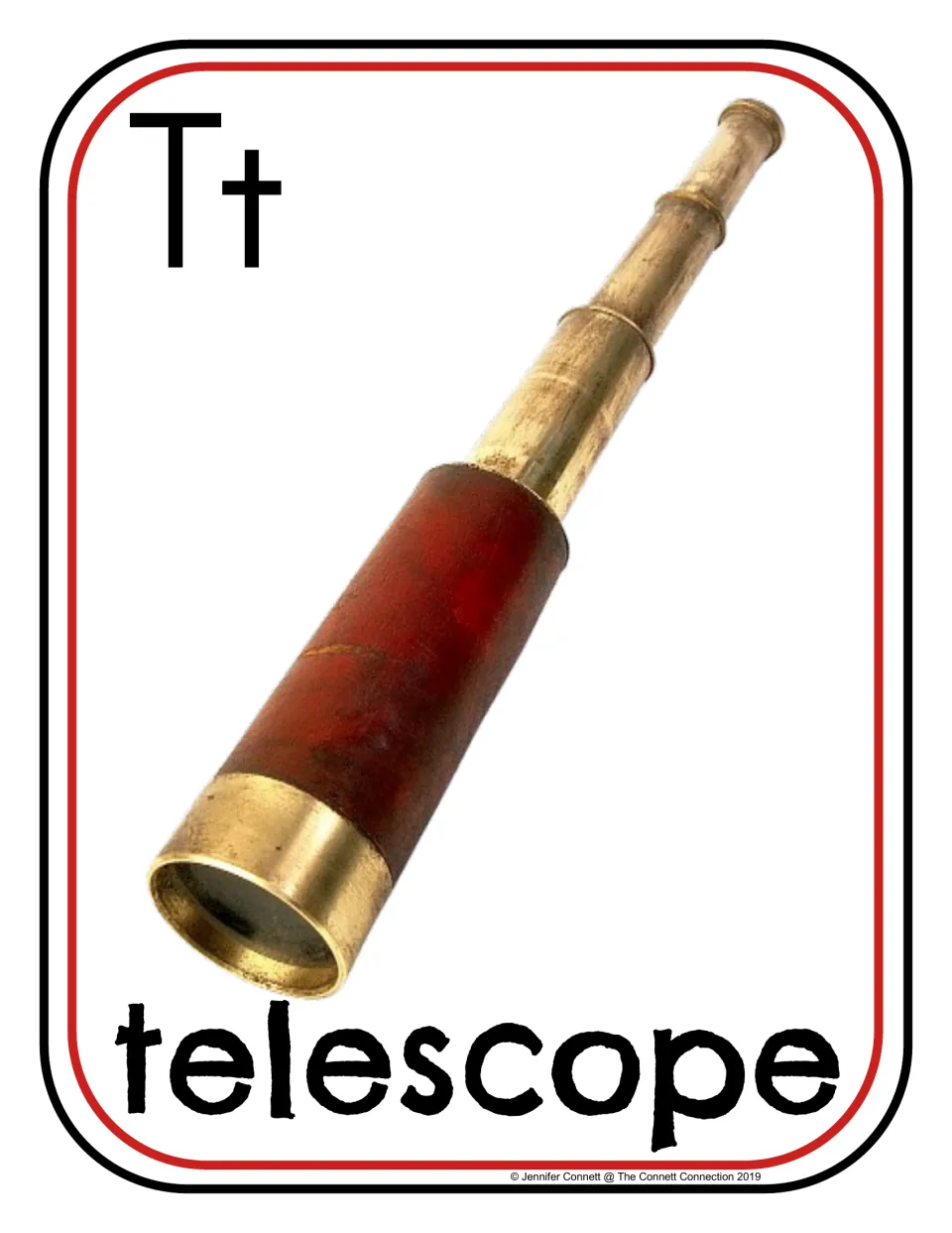 Letter T beginning sounds poster 7 of 20: uppercase T, lowercase t, and a photograph labeled "telescope"