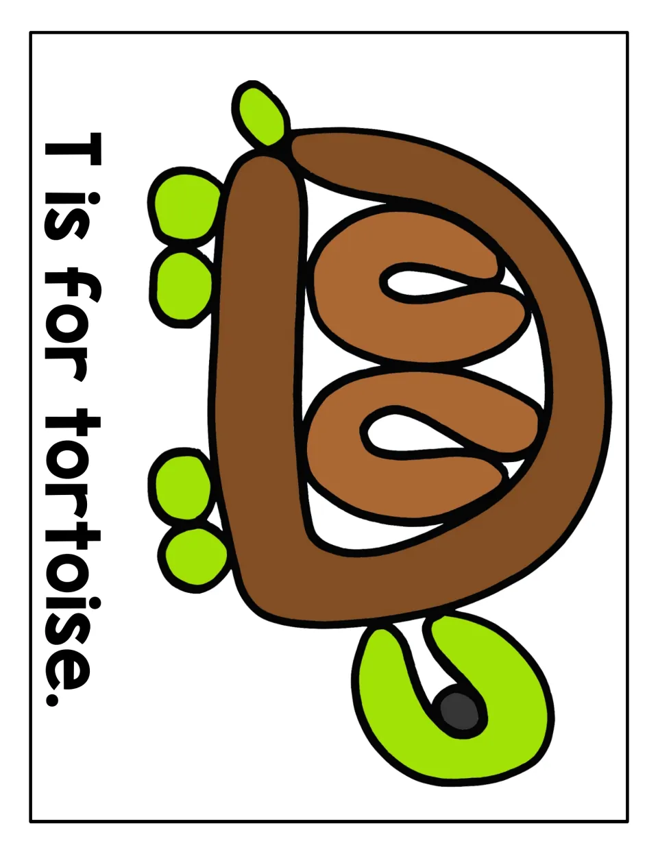 T is for tortoise: a sideways brown-shelled tortoise with green feet and head; students add dough to the shell spaces