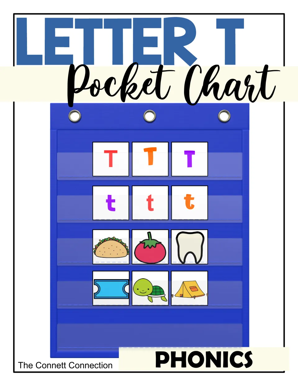 Letter T phonics cover: a pocket chart holds uppercase T and lowercase t cards plus taco, tomato, tooth, turtle pictures