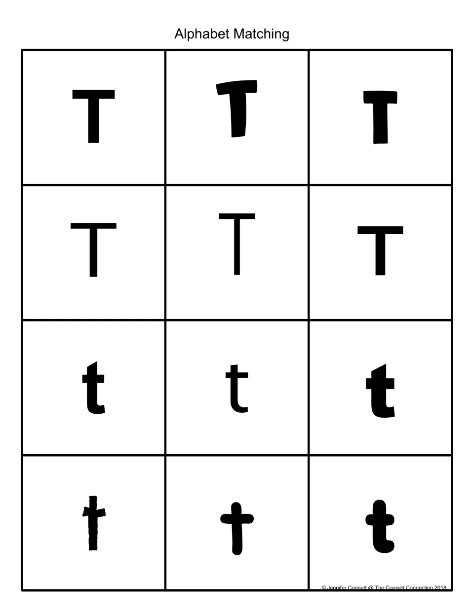 Alphabet matching: 12 black-and-white cards showing uppercase T and lowercase t in different fonts for letter recognition