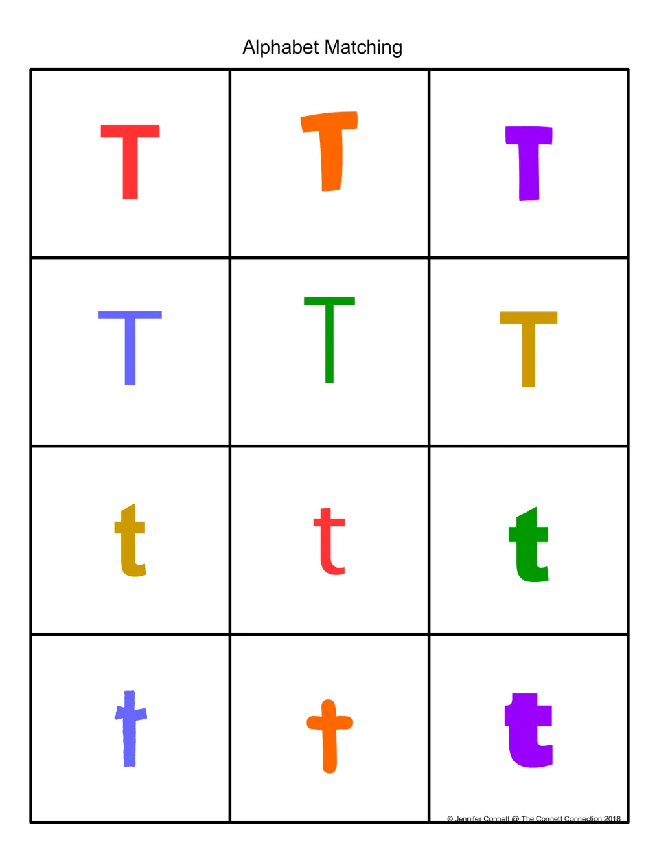 Alphabet matching in color: 12 cards of uppercase T and lowercase t in varied fonts to pair capital and small letters