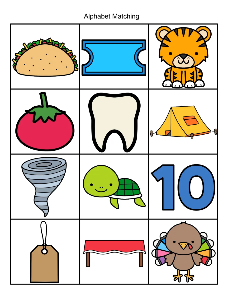 Alphabet matching: 12 /t/ picture cards such as taco, ticket, tiger, tomato, tooth, tent, tornado, turtle and turkey
