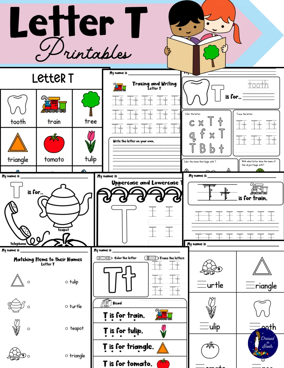 Letter T Printables cover showing T picture cards, tracing pages, T is for coloring sheets, matching and missing letters