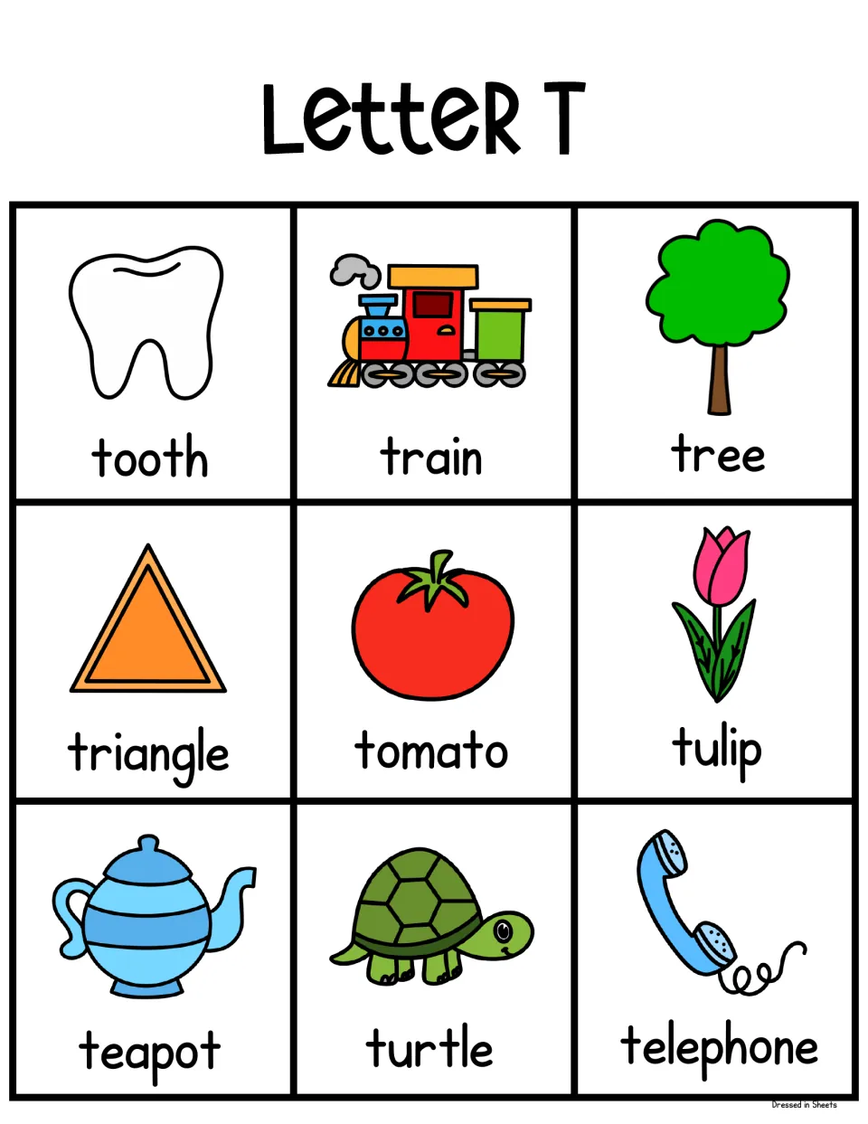 Letter T picture cards: tooth, train, tree, triangle, tomato, tulip, teapot, turtle and telephone with labels