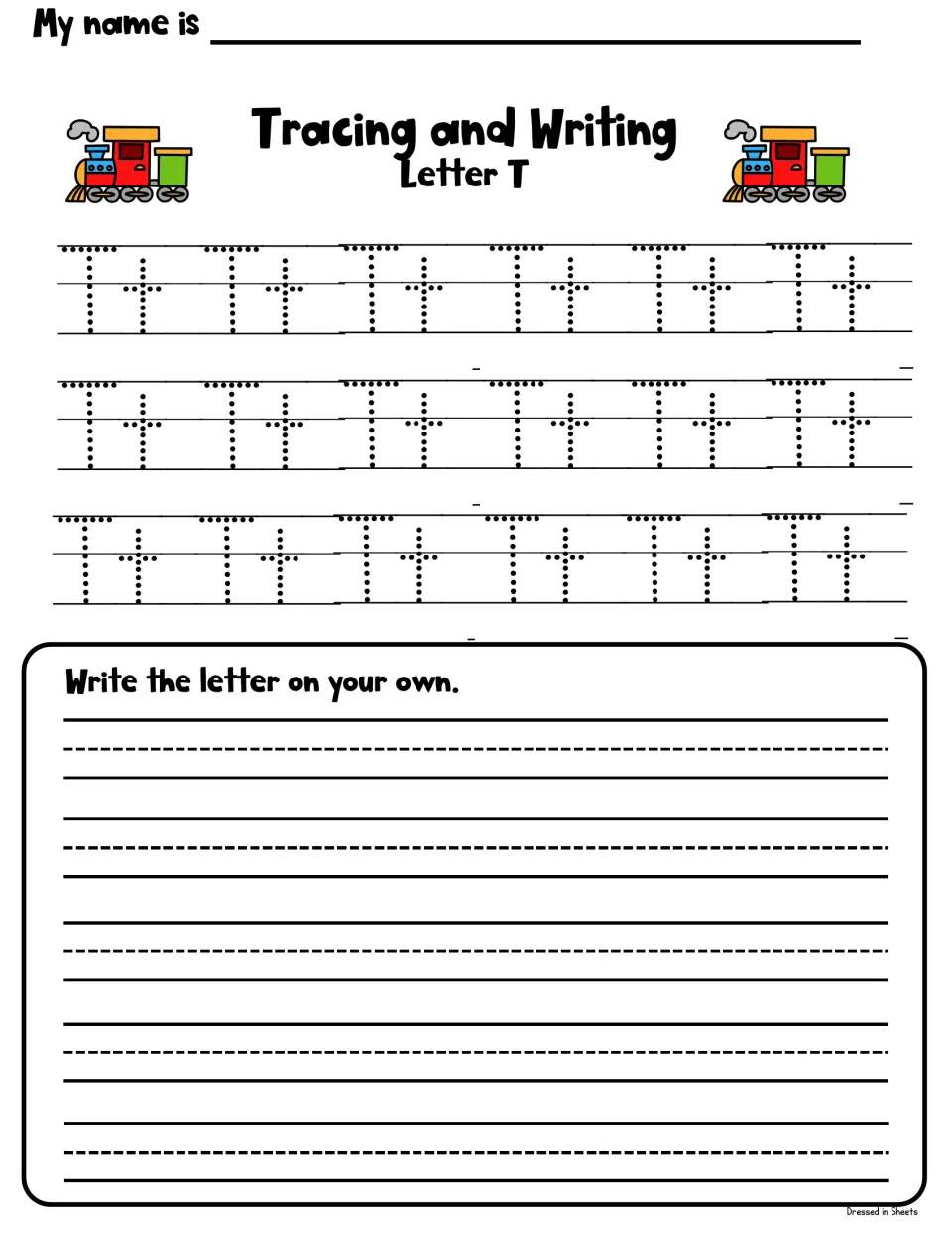 Tracing and writing Tt: students trace three rows of dotted uppercase and lowercase T, then write the letter on their own
