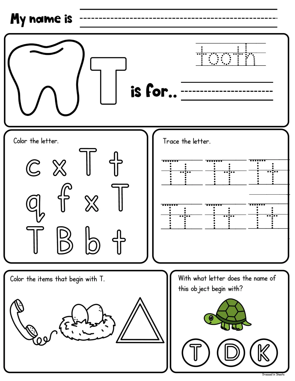 T is for tooth: students trace the word, color the T letters, trace Tt, color T items and pick the turtle's first letter