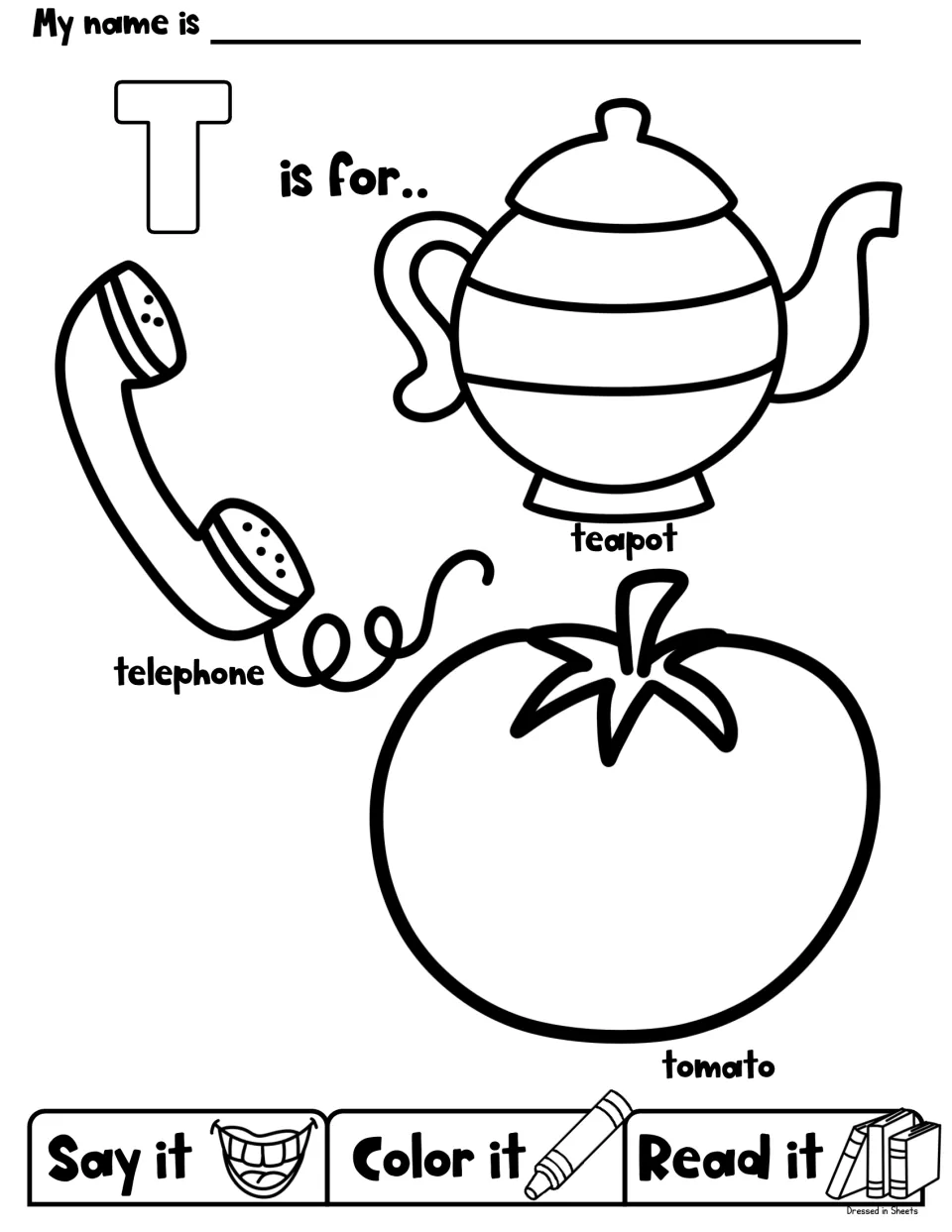 T is for teapot, telephone and tomato: students say each labeled word, color the pictures and read the names