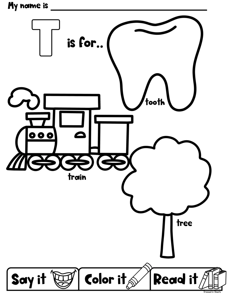 T is for tooth, train and tree: students say, color and read each labeled picture to practise the T sound