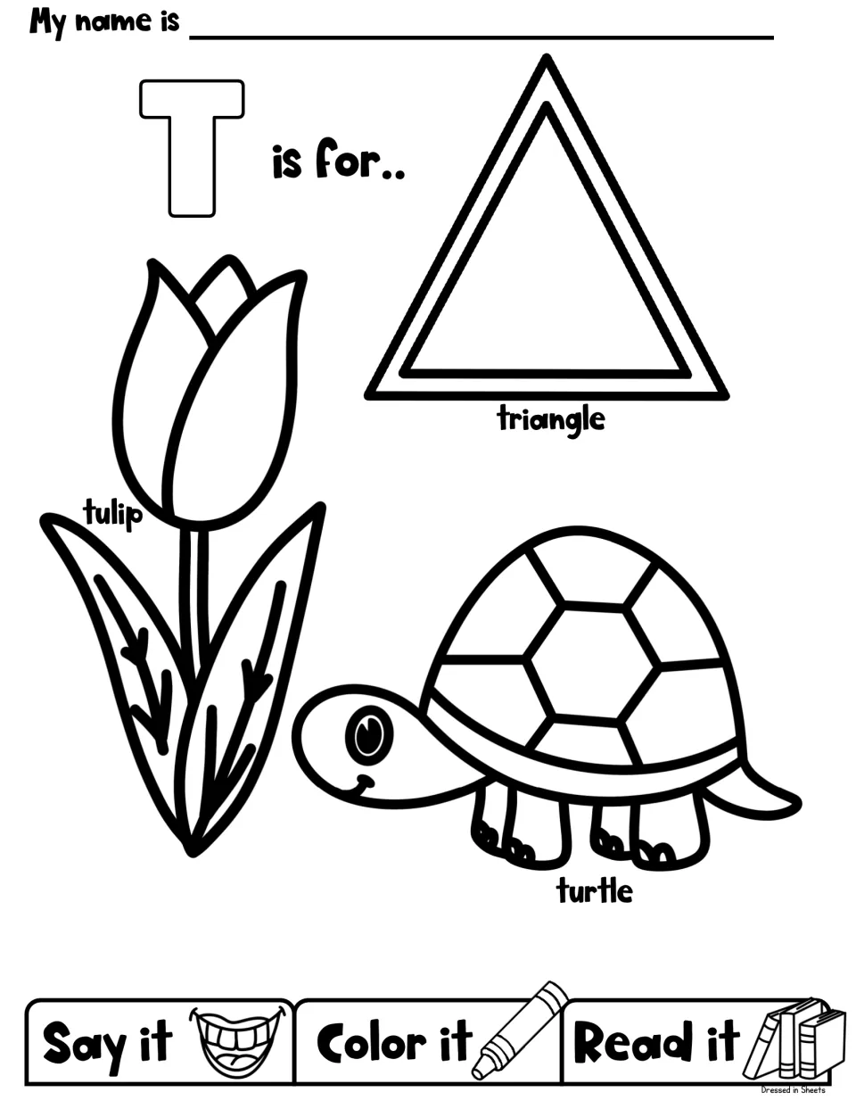 T is for triangle, tulip and turtle: students say the words, color the outline drawings and read each label