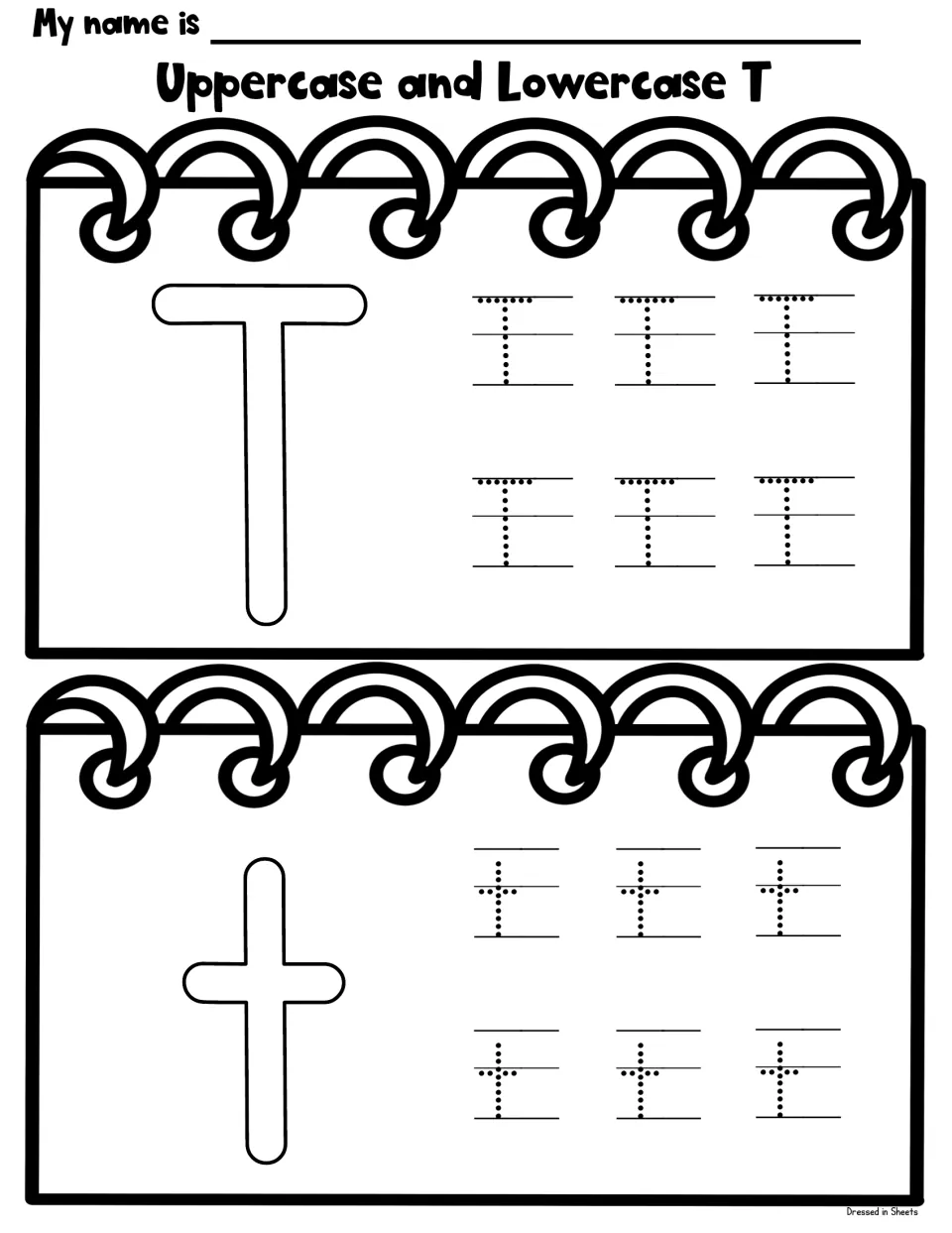 Uppercase and lowercase T: students trace six dotted capital T and six dotted small t beside large letter models