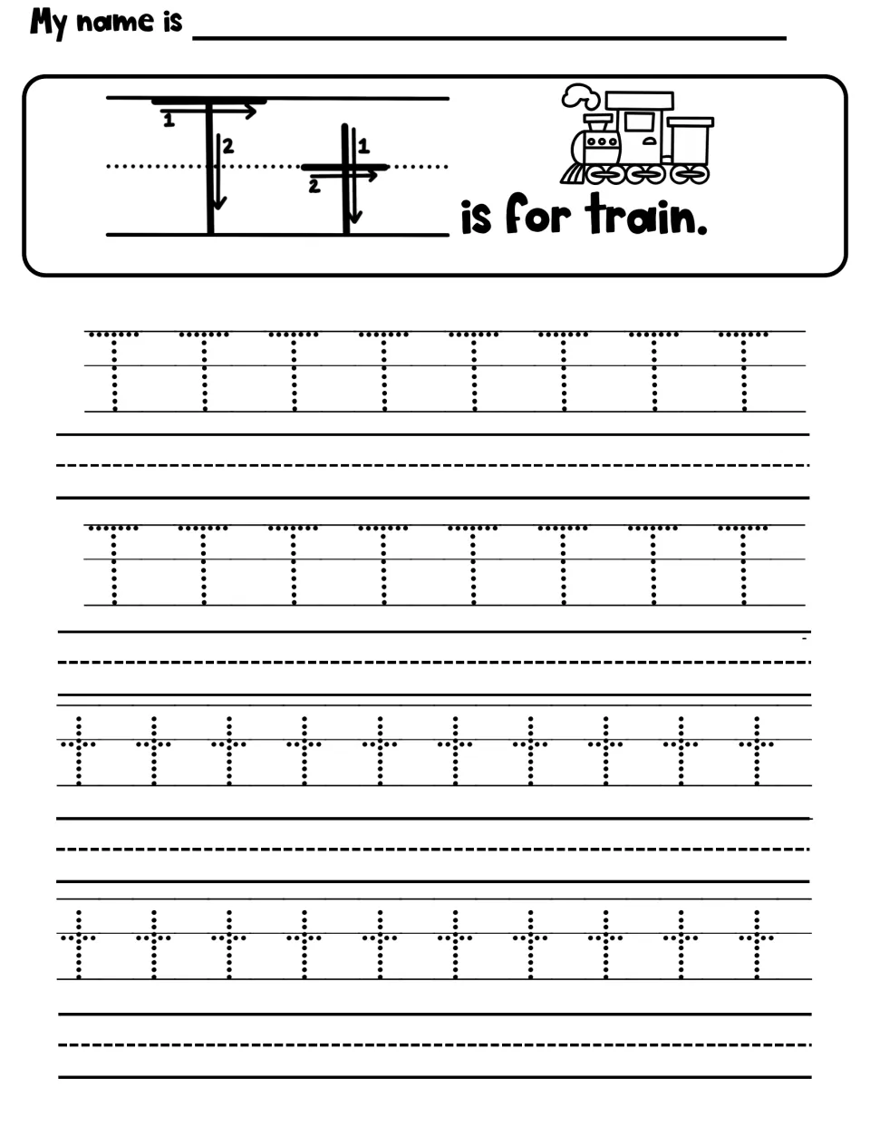 T is for train: numbered stroke arrows show how to form T and t, then students trace dotted rows and copy each letter