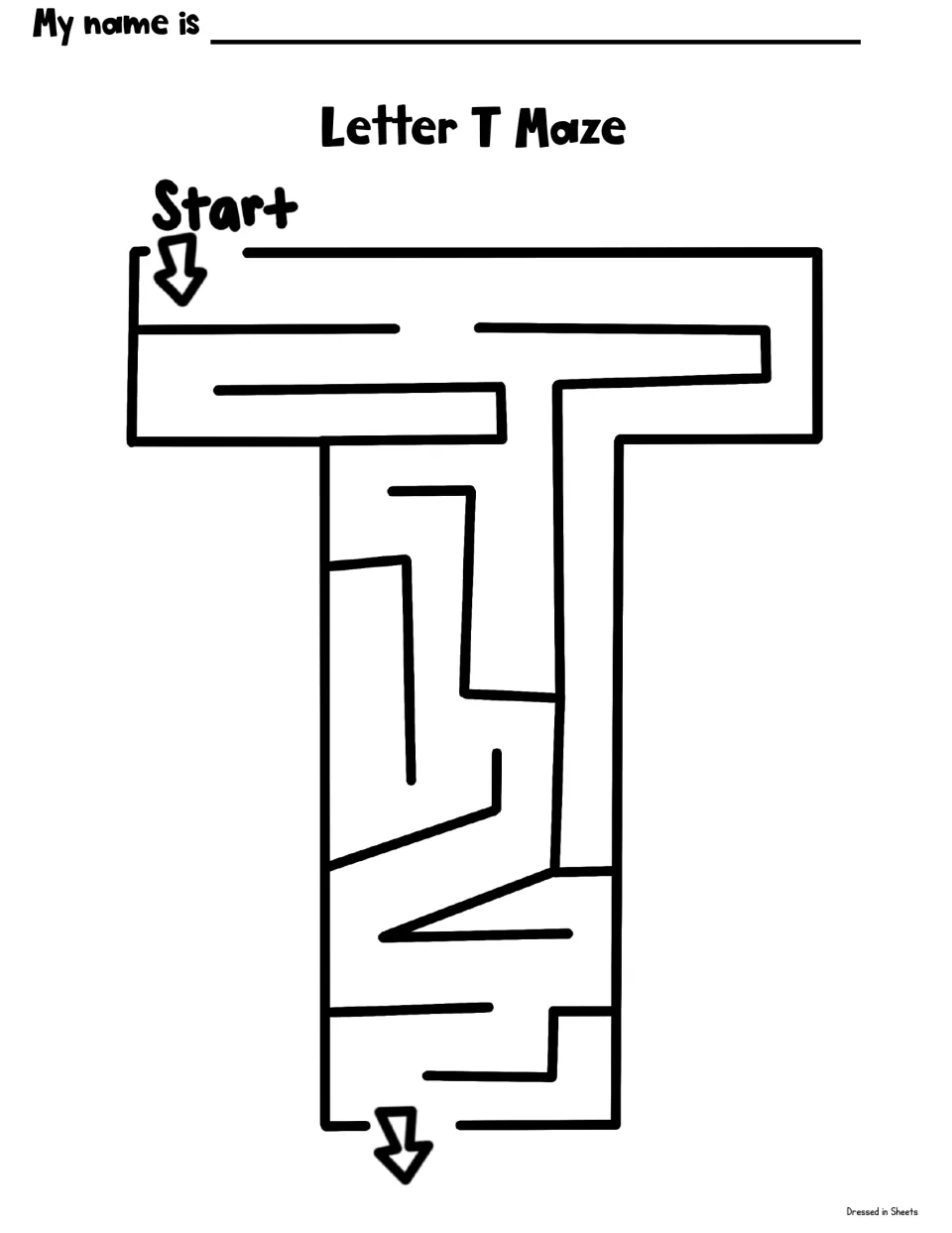 Letter T maze: students draw a path from Start through the passages inside a large capital T to the exit arrow