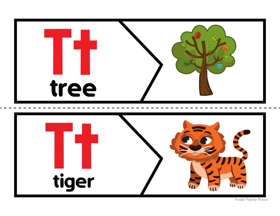 Letter T beginning sound puzzles: students cut apart and join the Tt tree and tiger word pieces to their pictures