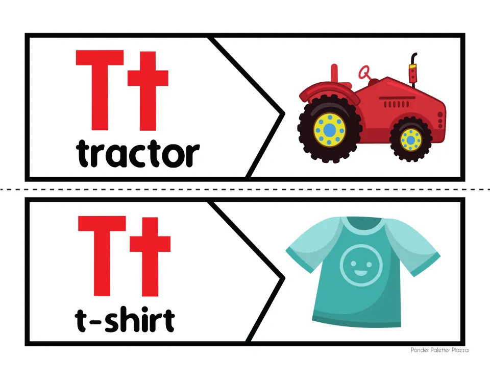Tt two-piece puzzles for tractor and t-shirt: children match each letter-and-word half to its picture to practice /t/