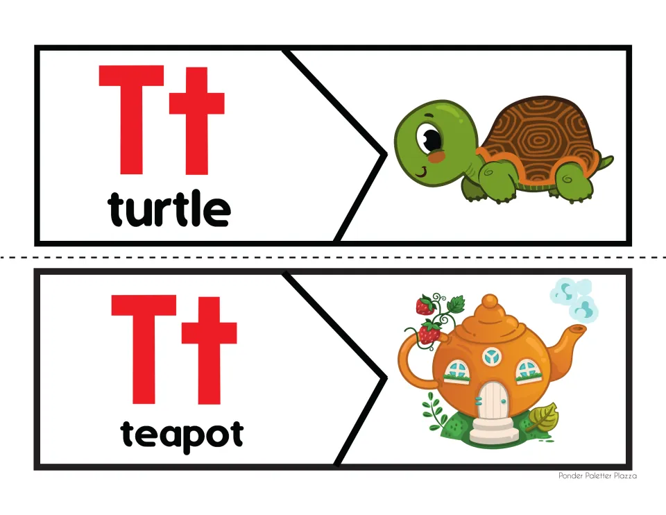 Initial /t/ sound matching puzzles for turtle and teapot: learners fit the Tt word piece to its picture piece