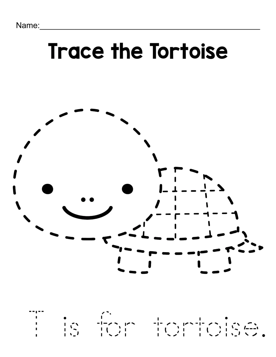 Trace the Tortoise: students trace a smiling dashed tortoise and its shell pattern, then trace "T is for tortoise."