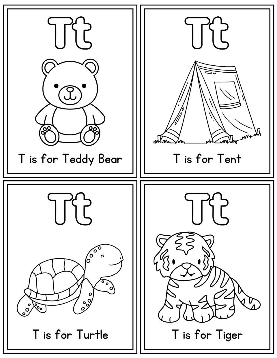 Letter T coloring flashcards: outlined Tt cards read T is for Teddy Bear, Tent, Turtle and Tiger for students to color
