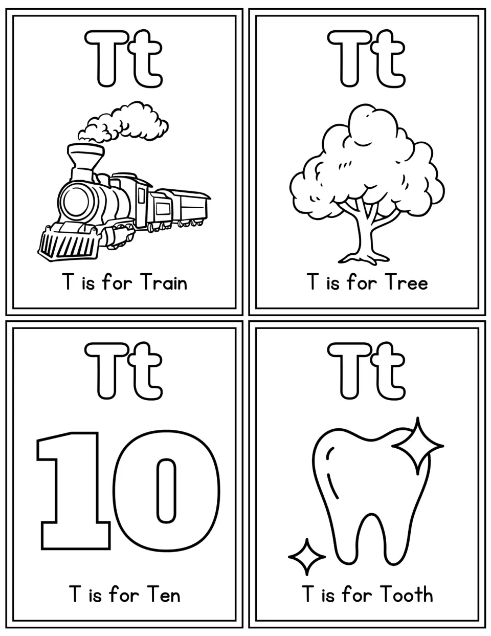 Letter T coloring flashcards showing T is for Train, Tree, Ten and Tooth, with a bubble Tt on each card to color in