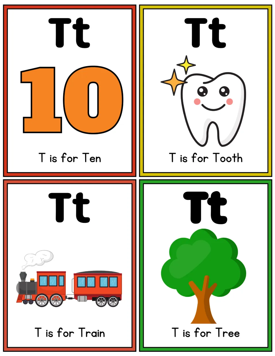 Color Tt flashcards for the T sound: T is for Ten, Tooth, Train and Tree, each with a bold Tt and a picture
