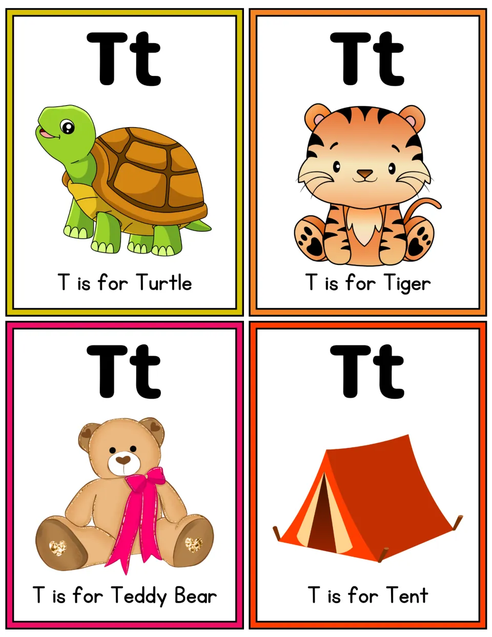 Color Tt flashcards pairing the letter with pictures: T is for Turtle, Tiger, Teddy Bear and Tent