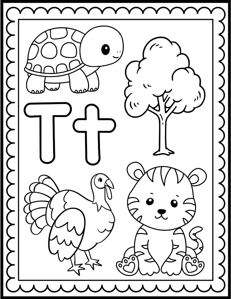 Letter T coloring page: a large outlined T and t surrounded by a turtle, tree, turkey and tiger for students to color