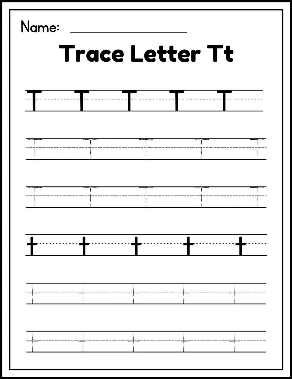 Trace Letter Tt: handwriting practice with solid model T and t, then rows of dotted uppercase and lowercase to trace