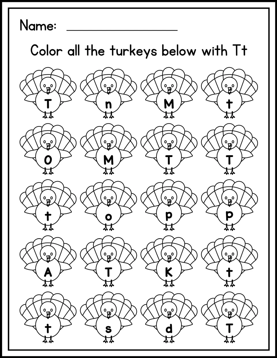 Letter recognition: students color every turkey showing T or t among 20 turkeys with mixed letters like M, p and K