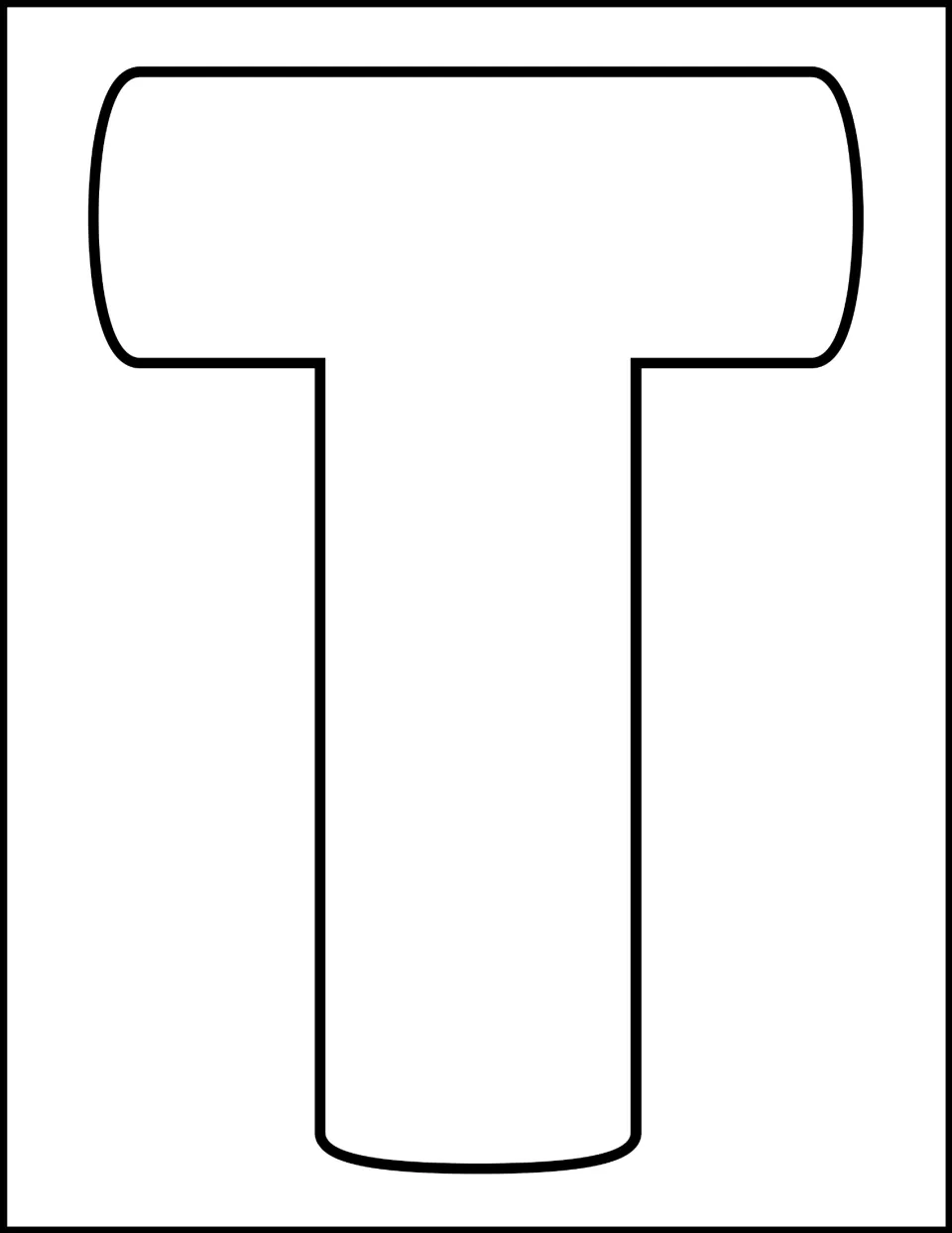 Full-page outline of a large uppercase letter T left blank for students to color, decorate or fill in