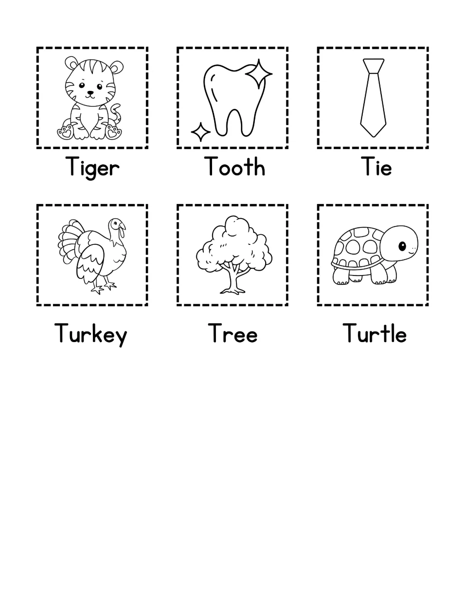 T picture cards to cut out: tiger, tooth, tie, turkey, tree and turtle, each labeled with its word for beginning sounds
